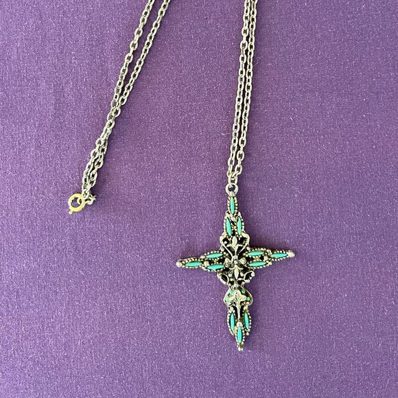 Oxidized Silver-Tone Tourquise-Look Embellishments Cross Necklace - Picture 1 of 5